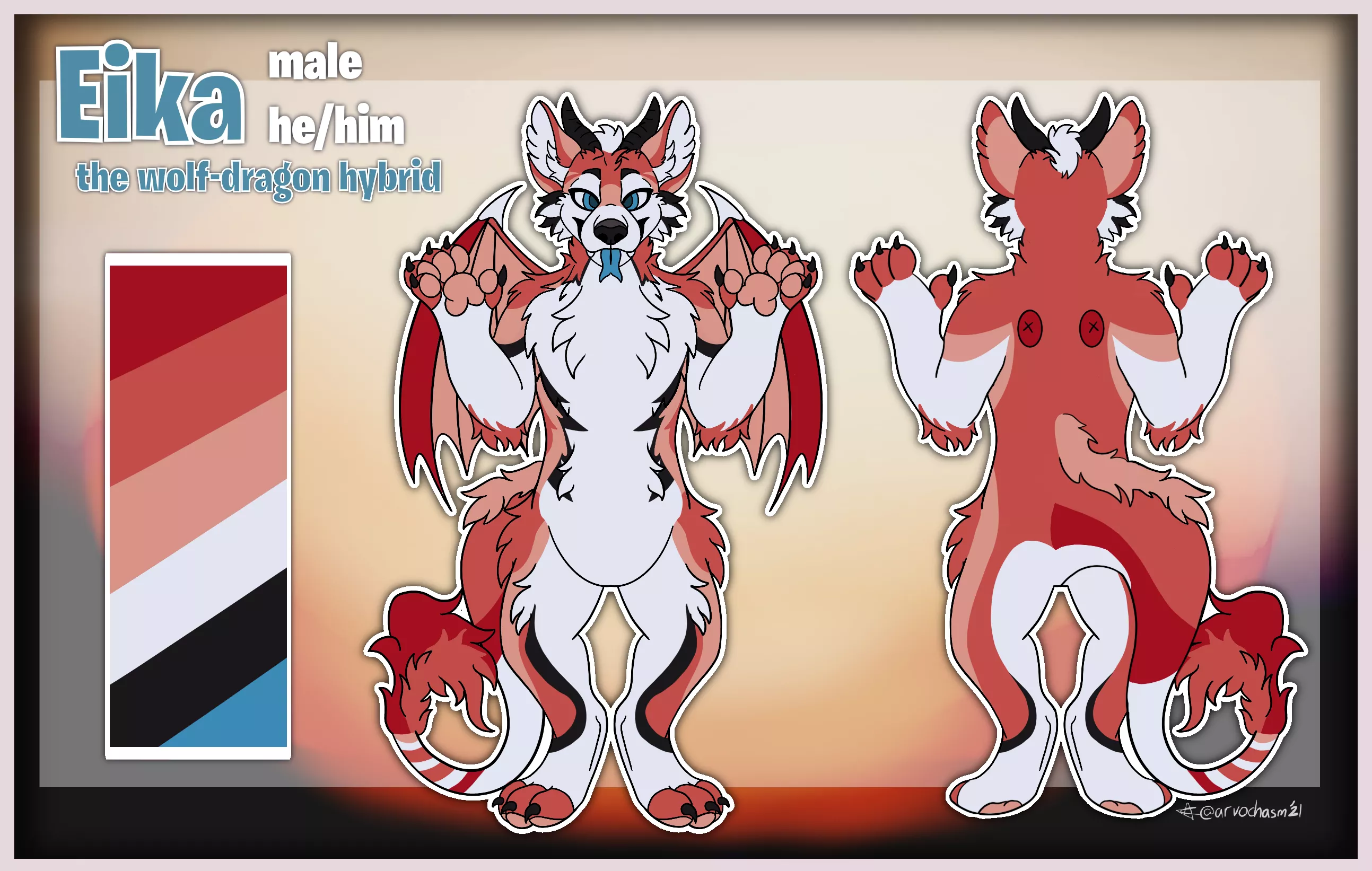 Reference sheet of my fursona (art by @arvochasm on twitter) posted by yeet1231237