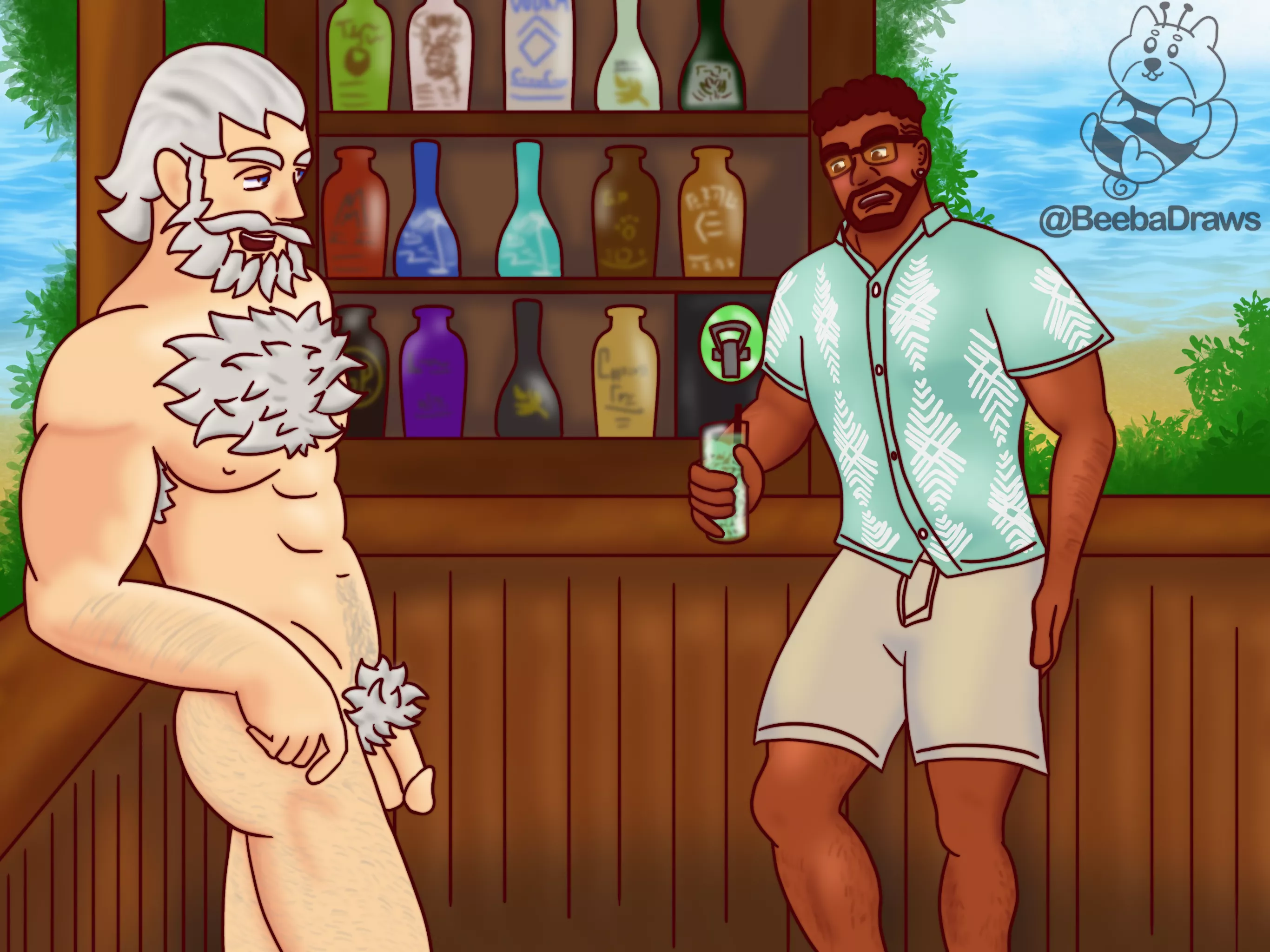 Reinhardt and Baptiste (overwatch) at a clothing optional bar. See Baptiste undressed on my twitter. - BeebaDraws posted by BeebaDraws