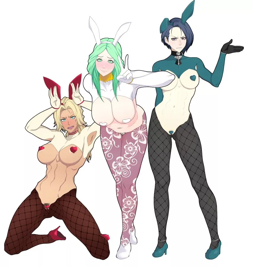 Rhea, Shamir, amd Catehrine in inverted bunny suits (SIHKYGMOJSN) posted by behavestrake