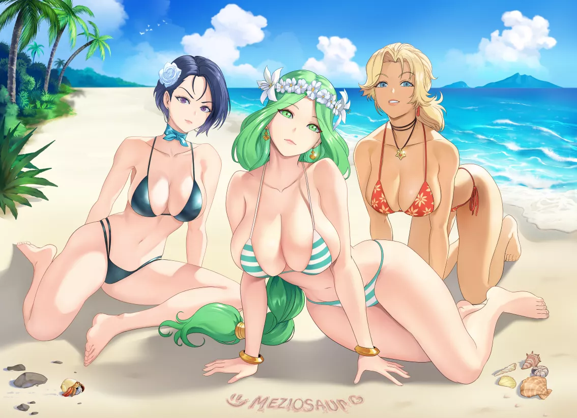 Rhea, Shamir, and Catherine at the beach (Meziosaur) posted by bigmommymilkersplz