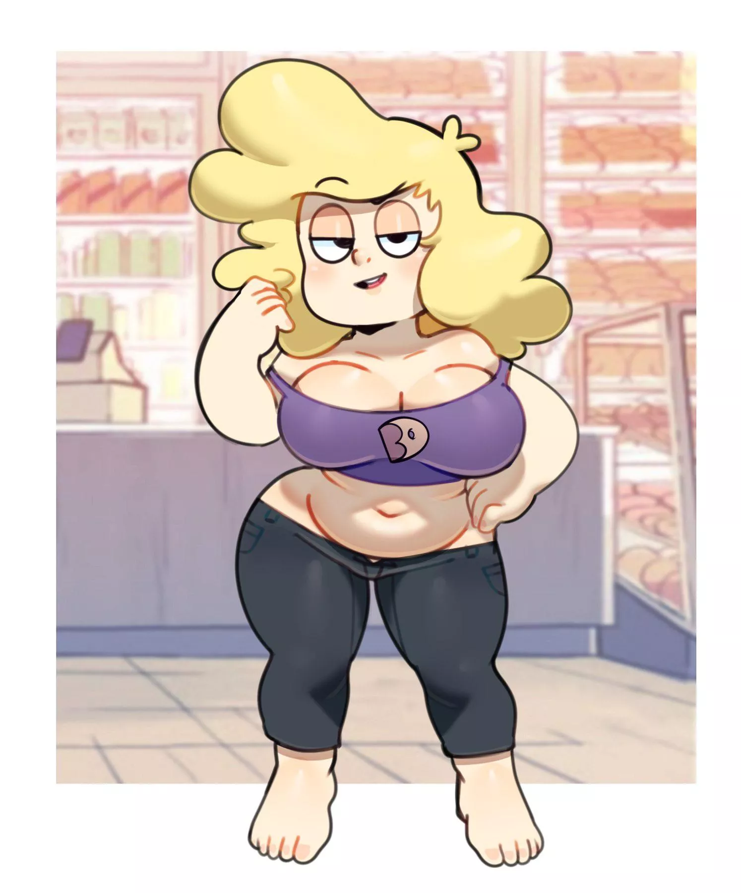 Sadie, trying on a more revealing work outfit (art by ScrubForWork) posted by renegade_zibit