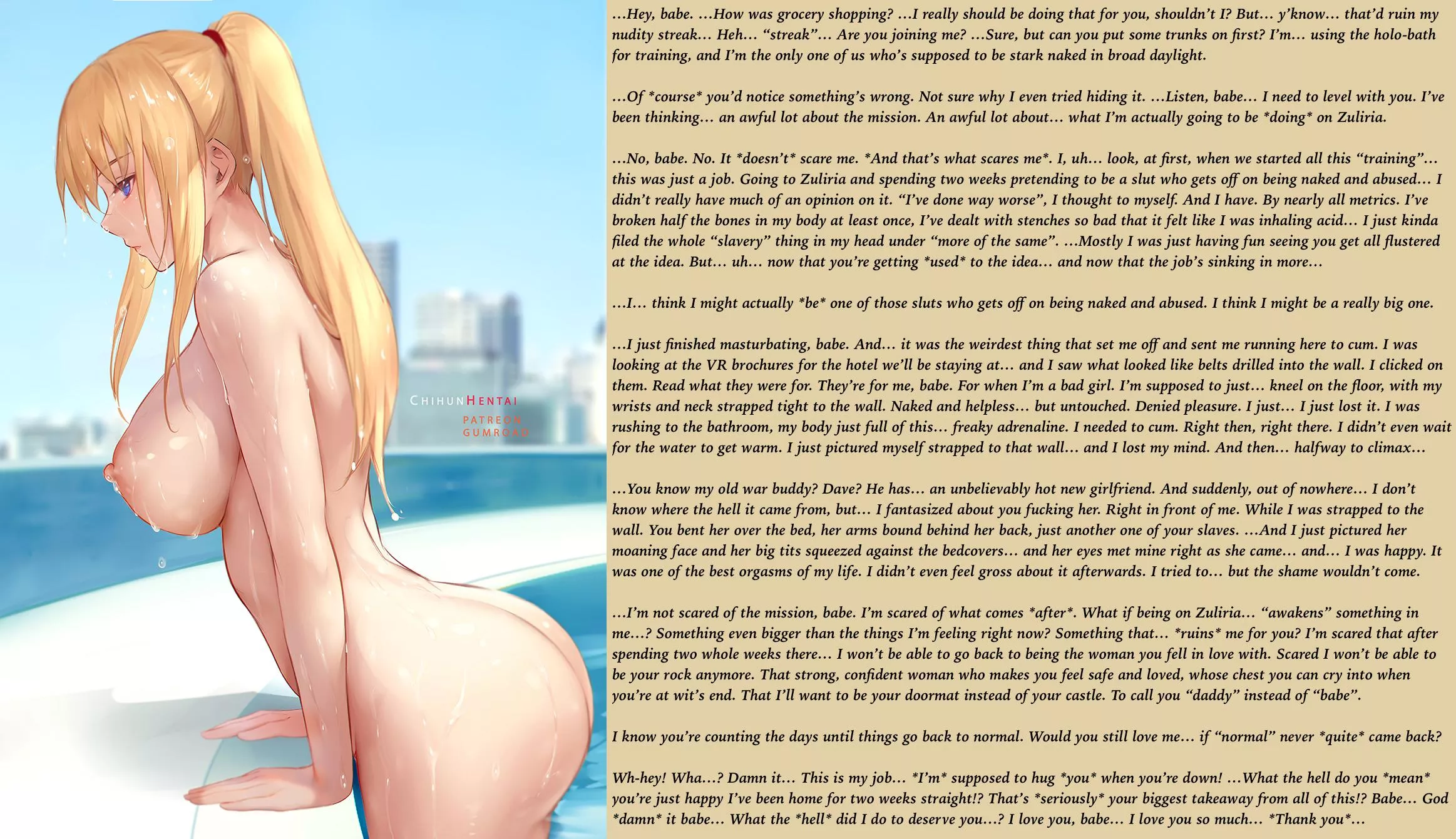 Samus comes clean to her stay-at-home-husband about how her newly-awakened kinks [Married] [Femsub] [CMNF] [Convoluted Narrative] [Talking About Sexual Fantasies] [Bondage] [Cuckquean] [Wholesome Ending] [Story Part 4] posted by HHHawkeye