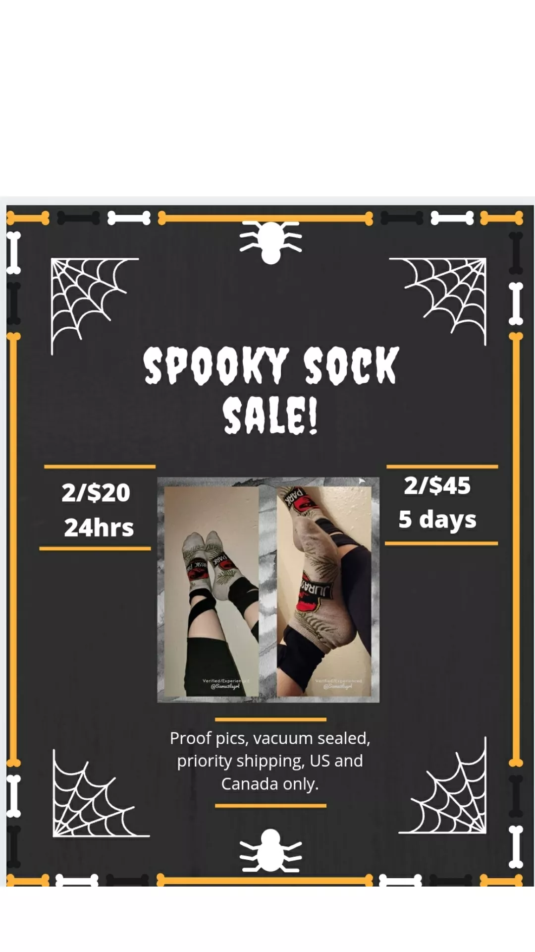 [SELLING] Calling spooky sock junkies everywhere!! !!SOCK SALE!! 🧦2 pairs/20$ 24hr wear, pics, includes tracking.♡ 2/45$ for 5 day wear. I have too many please send help before I drown in dirty socks 🤣🙌ty! 💗 posted by Sama31sgrl