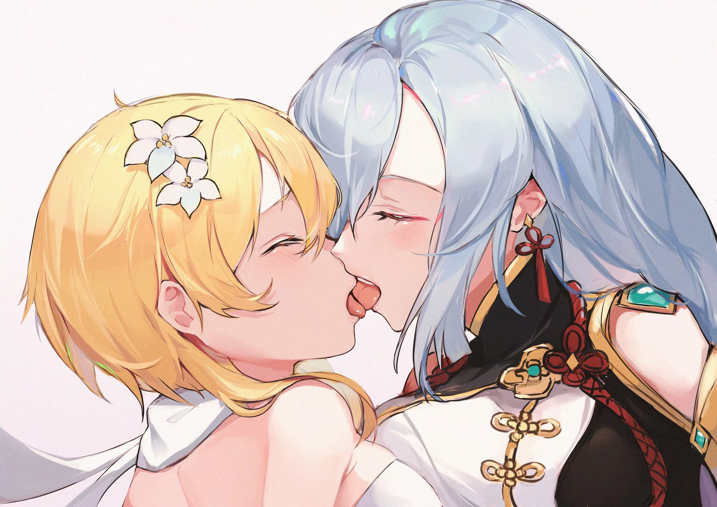 Shenhe and Lumine sharing a kiss [Genshin Impact] posted by mesuyuki