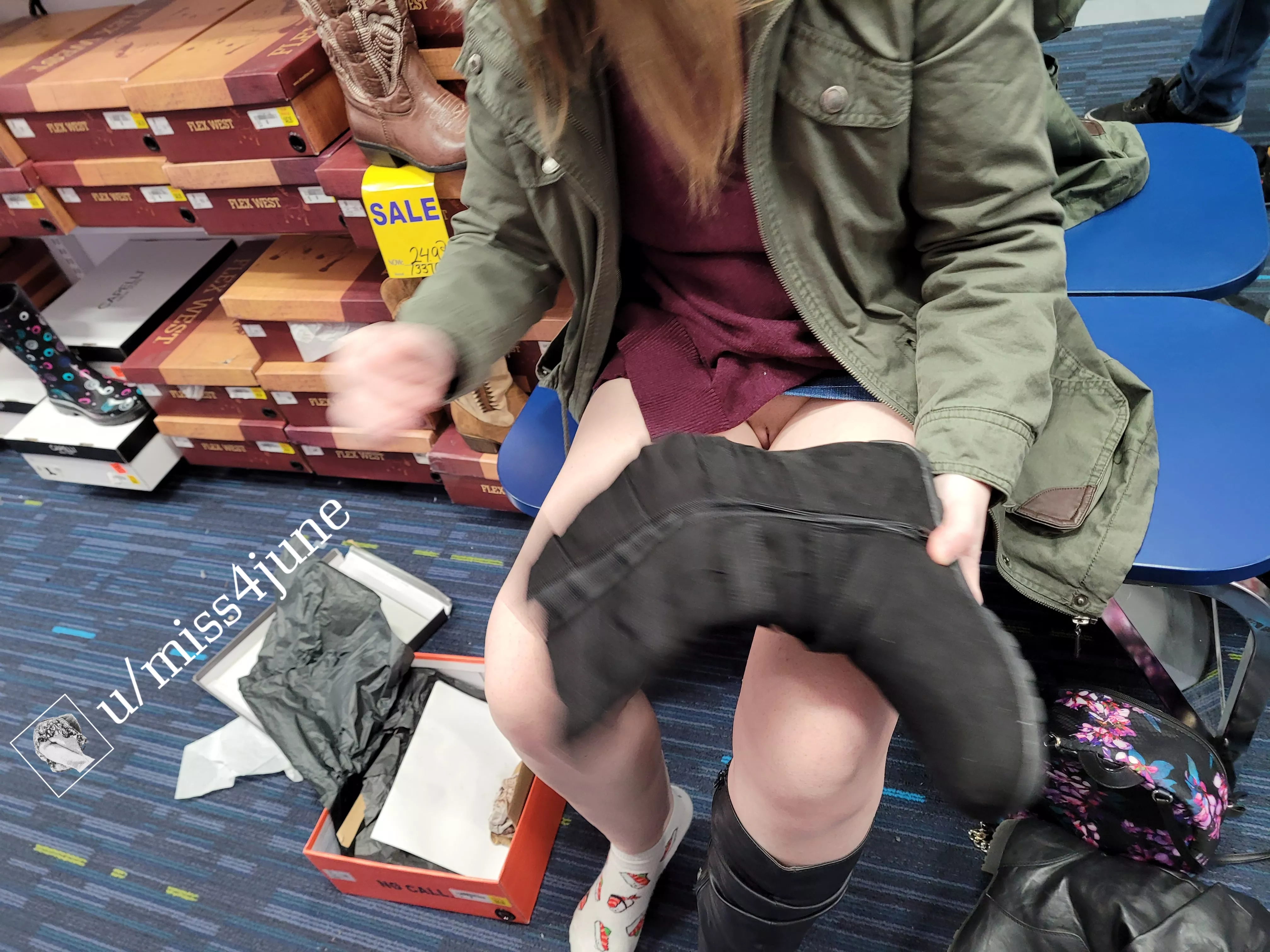 Shoe shopping in a mini skirt with no panties is definitely harder than you think 😏 posted by miss4june