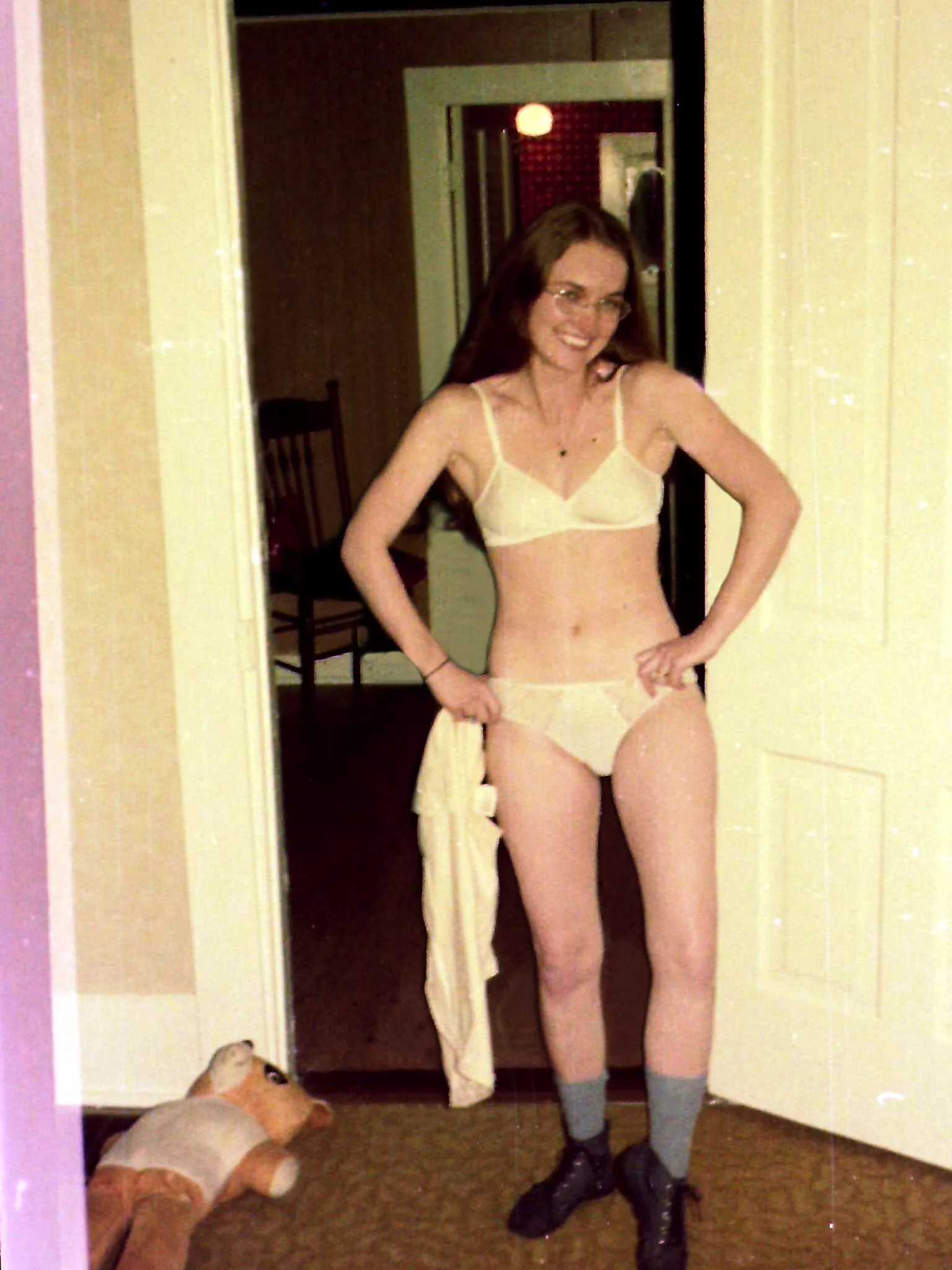 Silly pose in my new silk panties and bra - early '70s posted by thighsgentlyparting