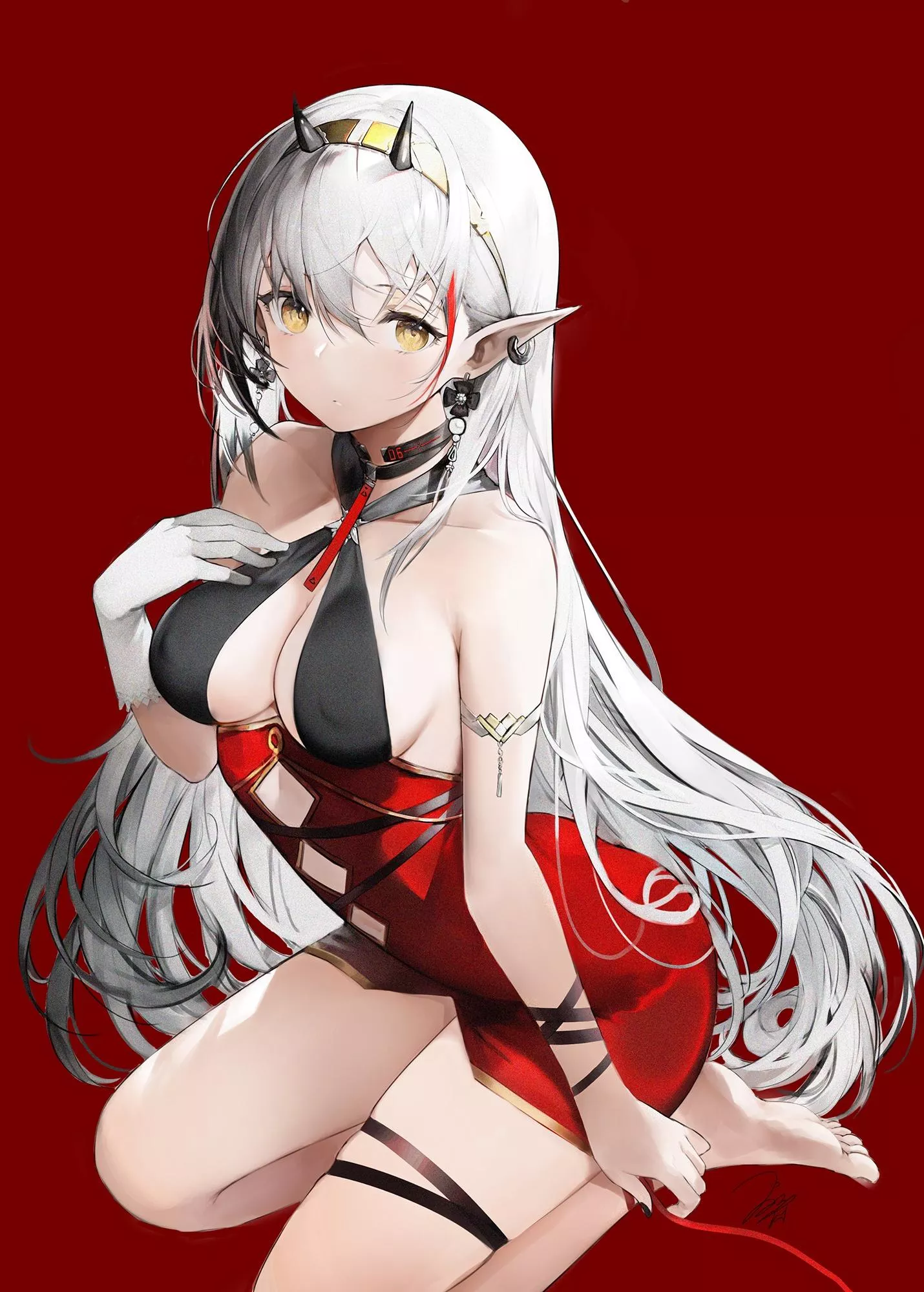 Silver elf in red dress posted by Dragon_Shiro