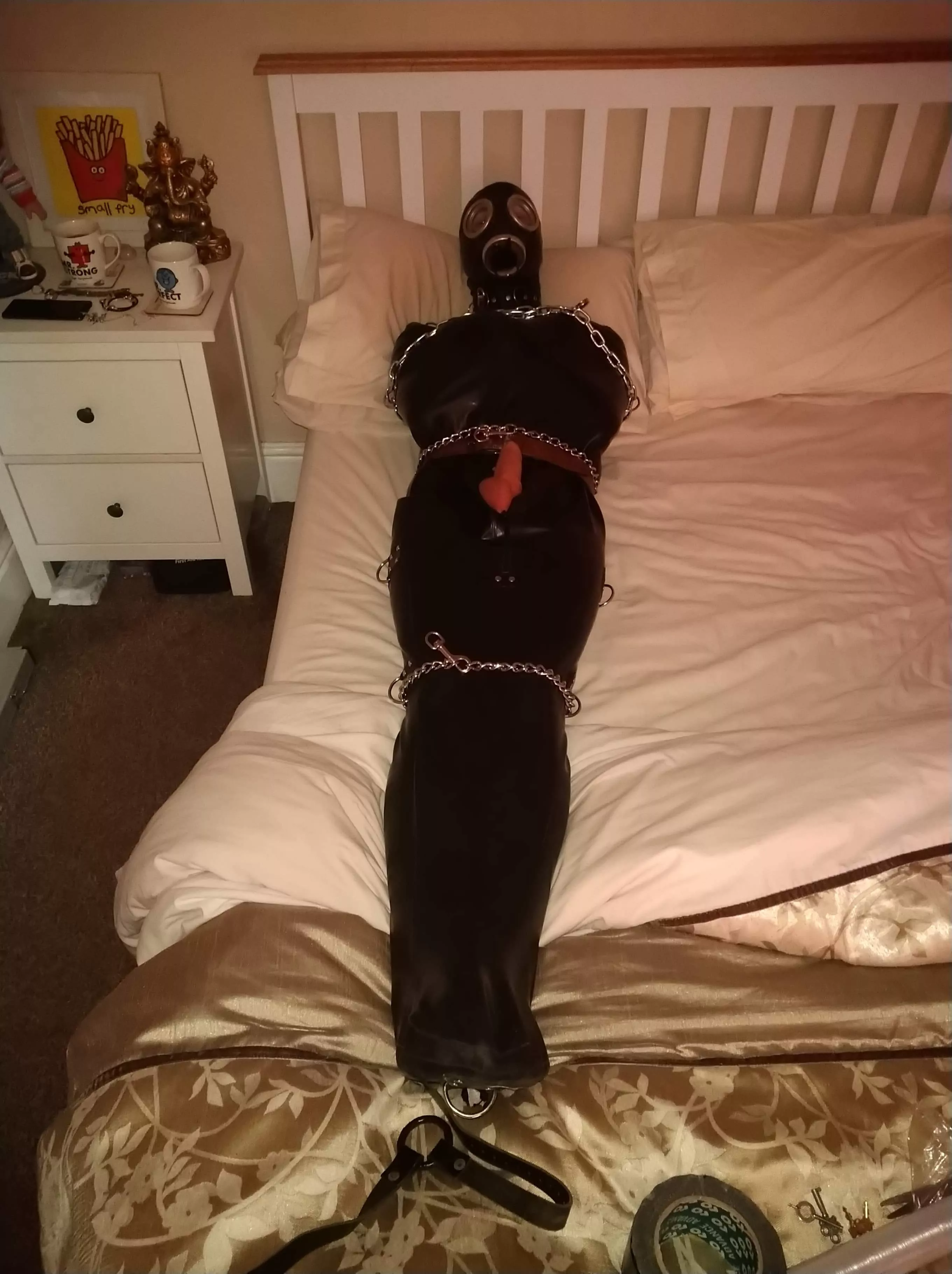 Soo horny all trapped tight in rubber/rubber sleepsack & chains & a gas mask ;) posted by jimbob0702