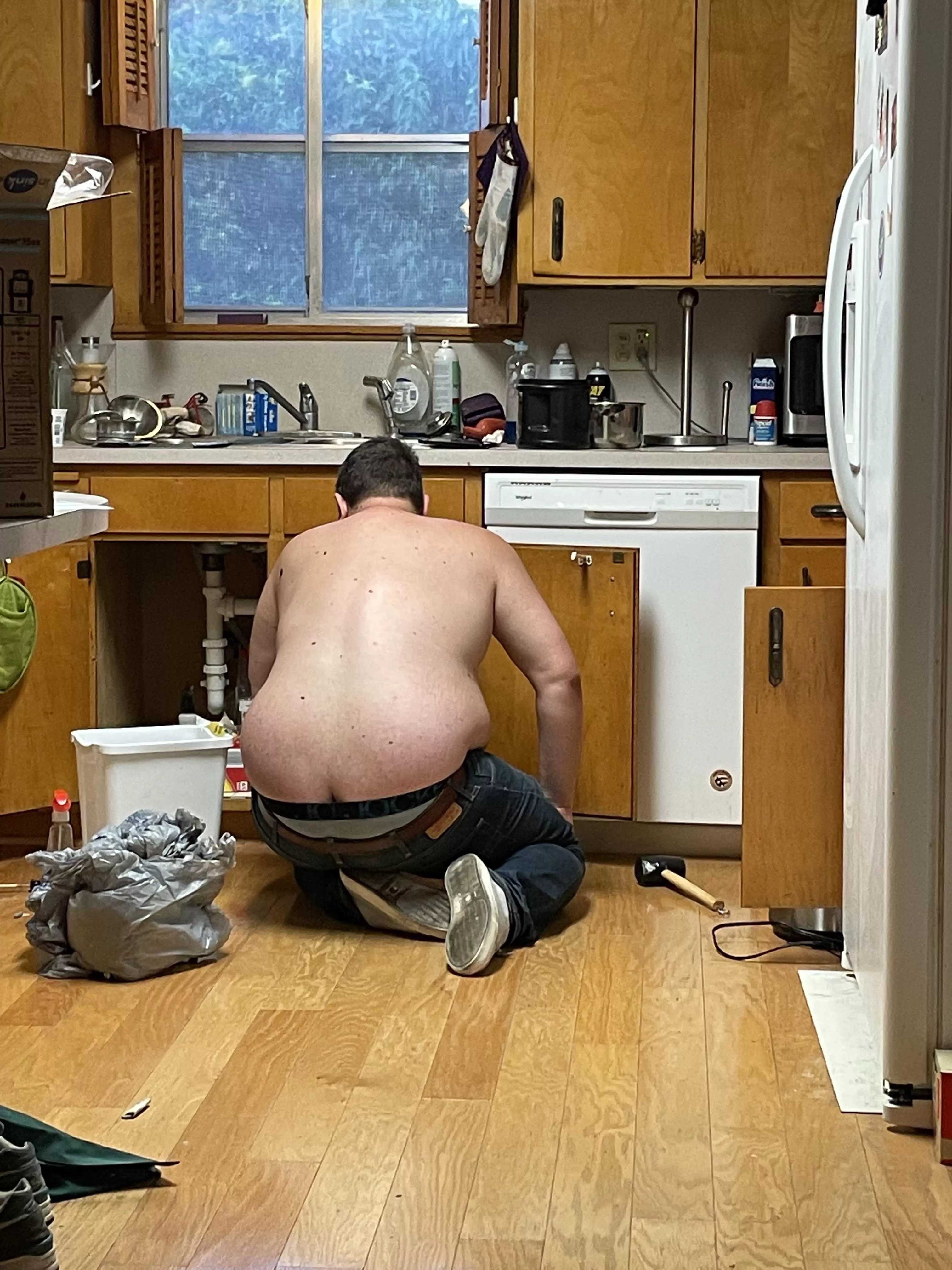 Spent a few hours installing a garbage disposal last night, and my roommate sits down and takes this pic 😂😂 posted by porntentiousdouche