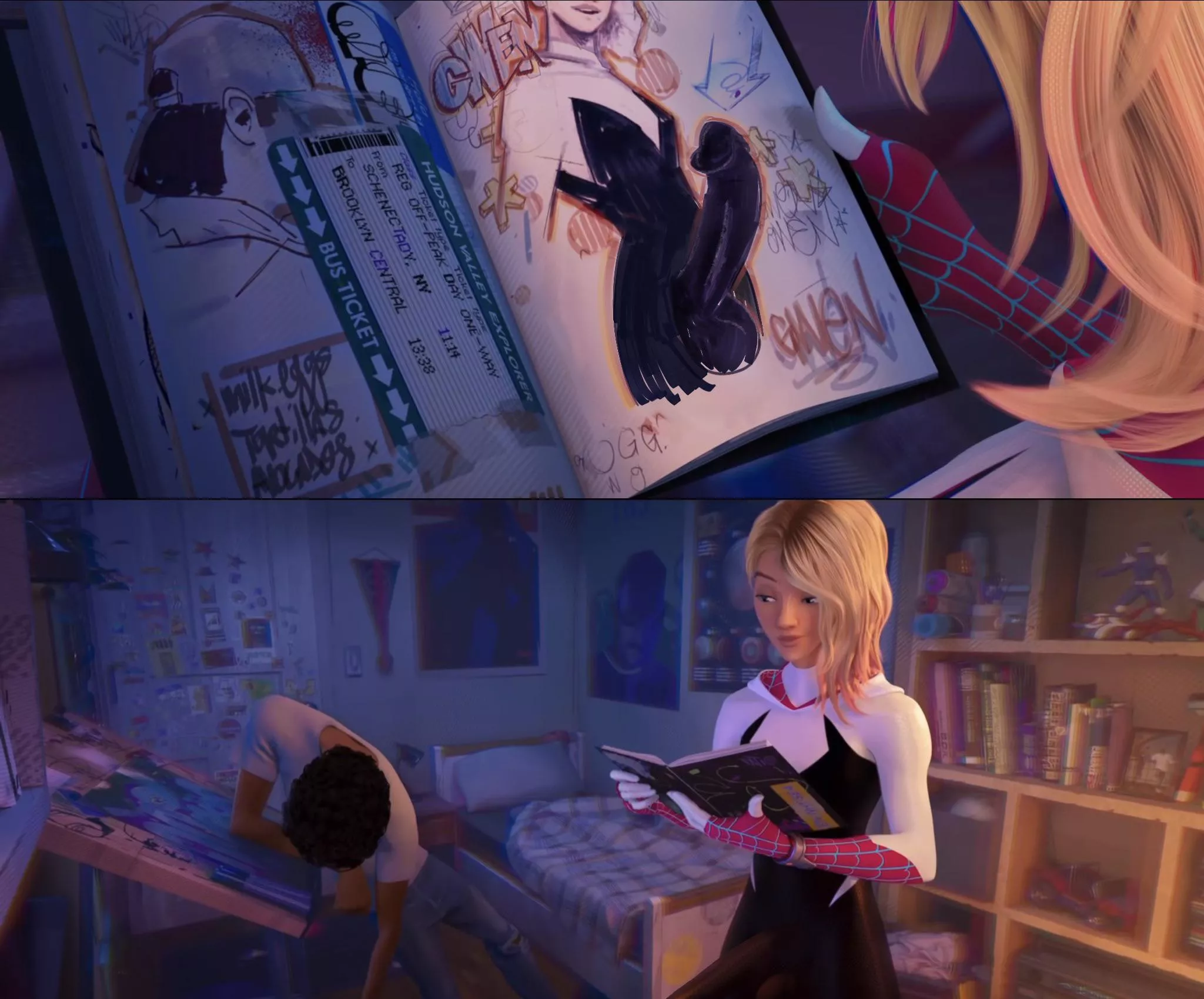 Spider-Gwen finds Miles’ Art (Cothswoller) posted by noturfriendo