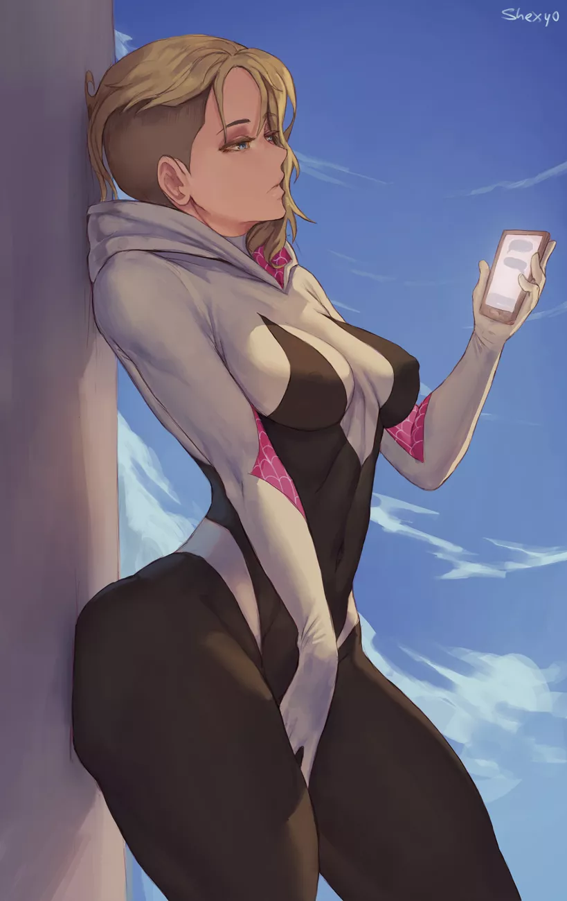 Spider-Gwen On Her Phone (Shexyo) [Marvel] posted by sequence_string