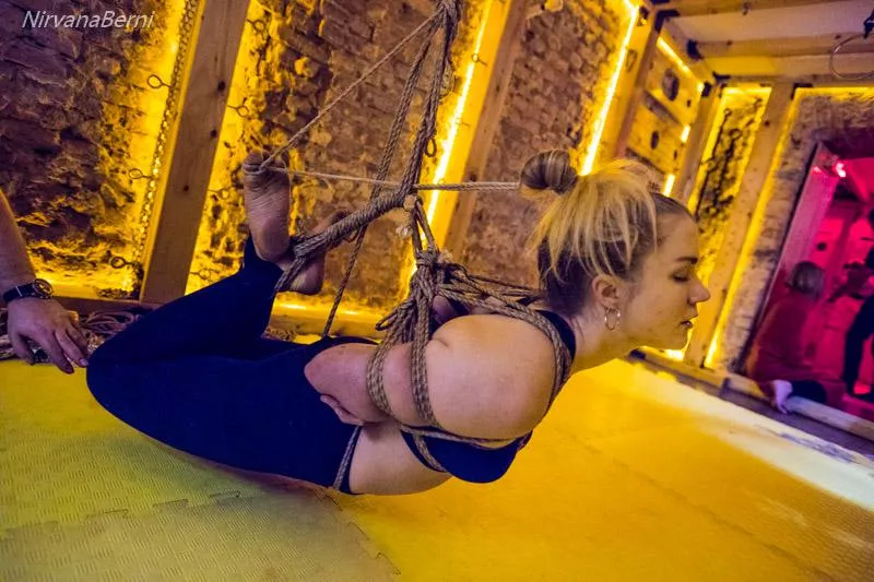 Suspended hogtie. With a crotchrope to ease the strain posted by RopemanBerlin