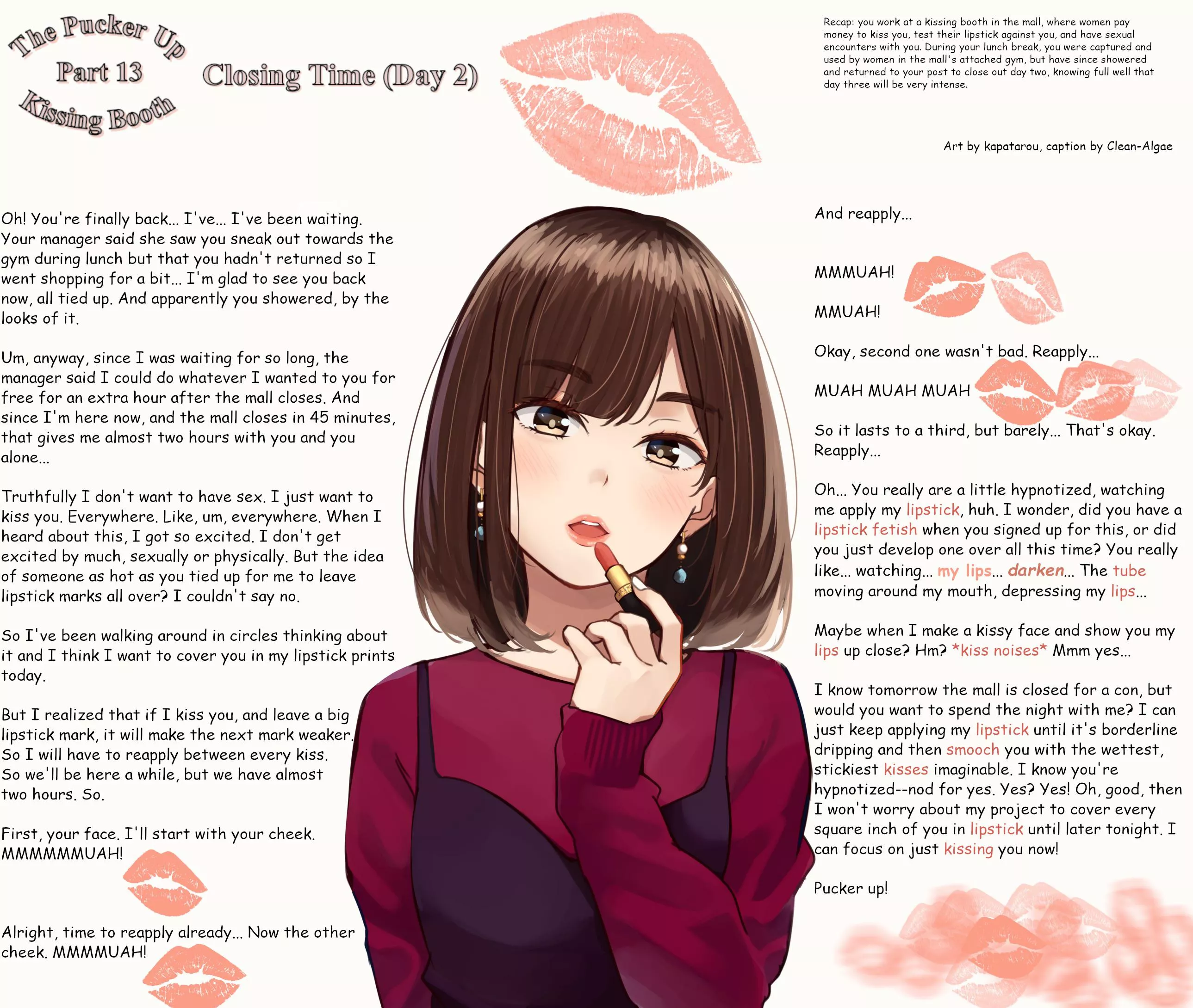 The Kissing Booth, Part 13: Closing Time (Day 2) [kissing] [lipstick] [public use] [gender neutral pov] posted by Clean-Algae