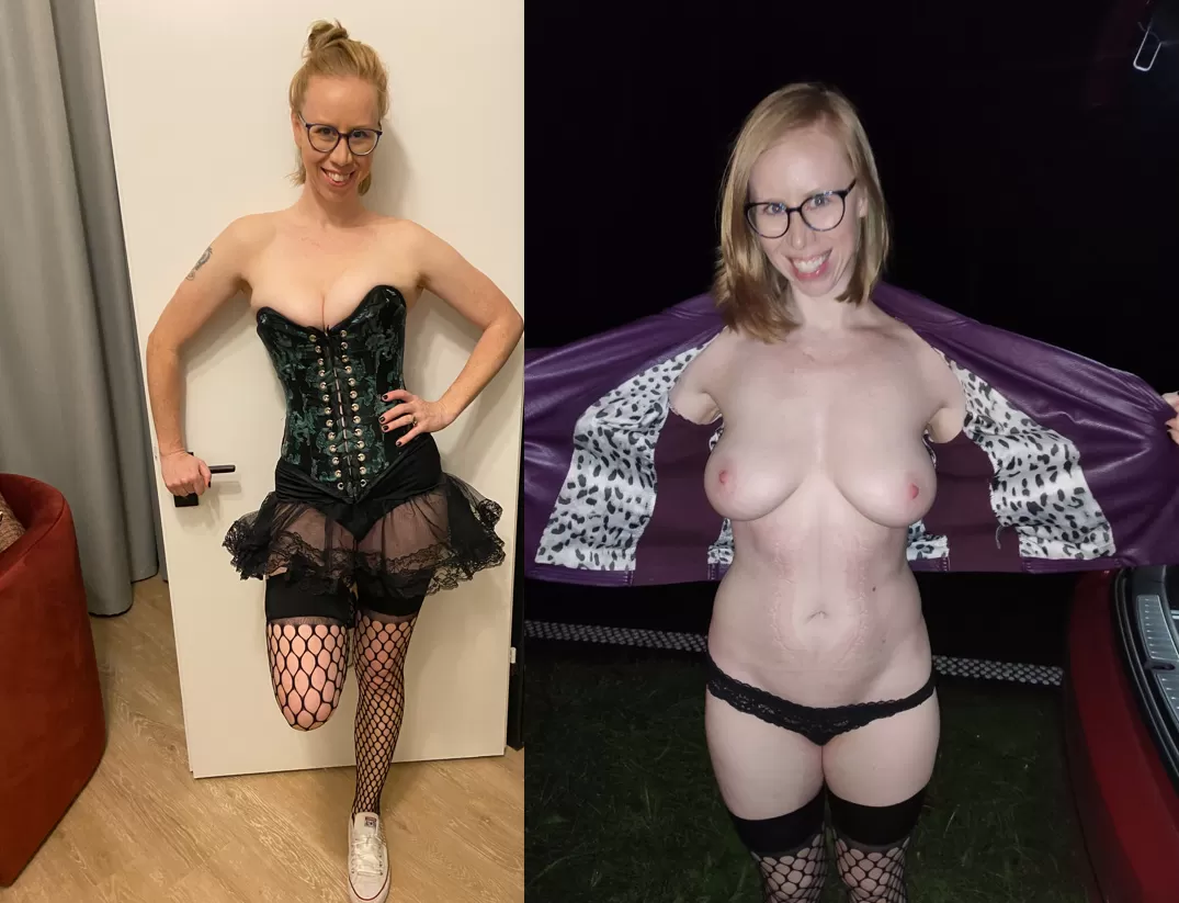 these pics are the before-and-after of a sex party we went to in Berlin 2 weeks ago - the after pic is freshly fucked. afterwards I couldn't get the corset off fast enough - pic was at the car outside the club posted by georgepauljohnringo