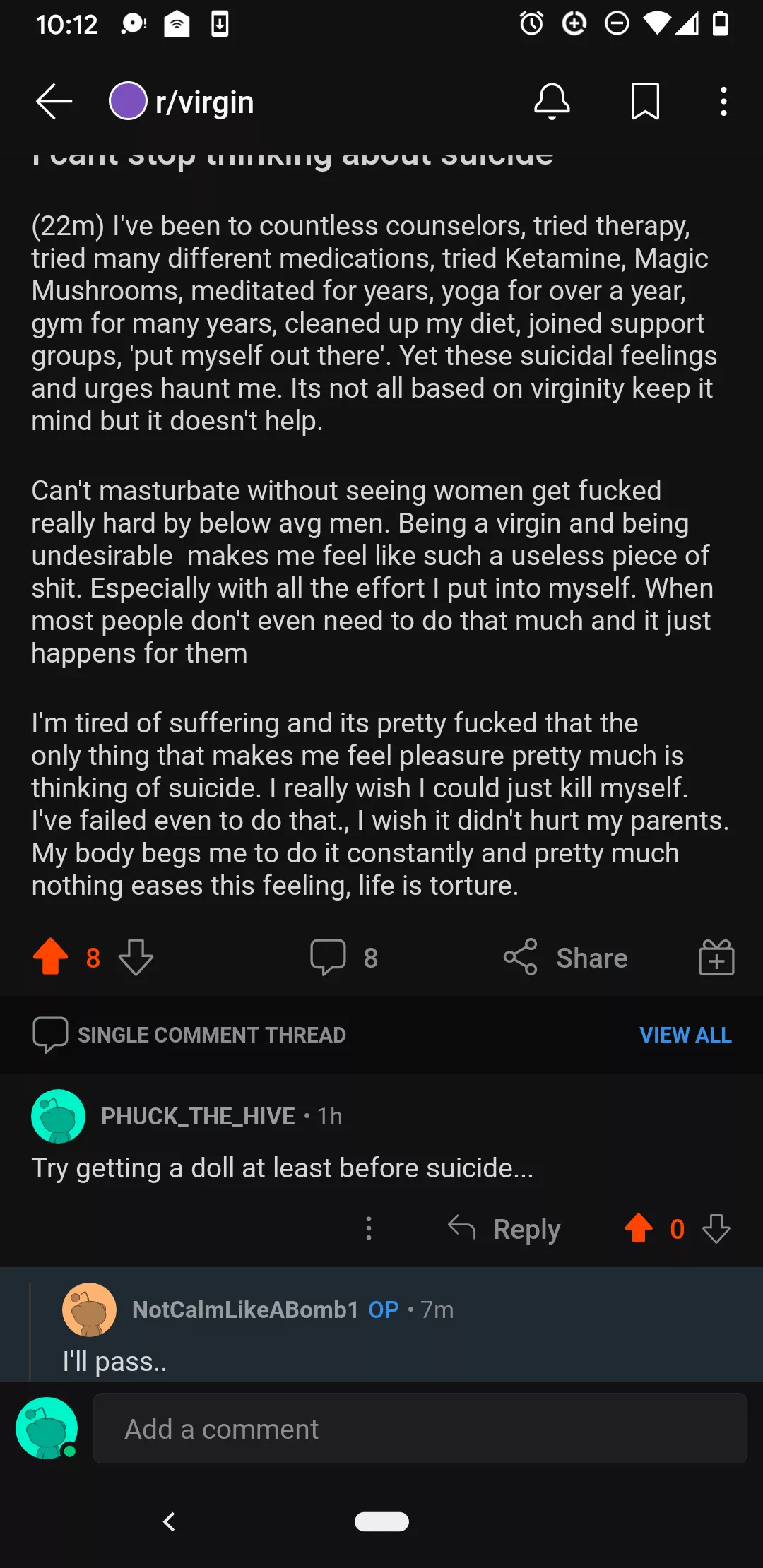 This dude will take suicide over a doll? Lol wut? posted by PHUCK_THE_HIVE