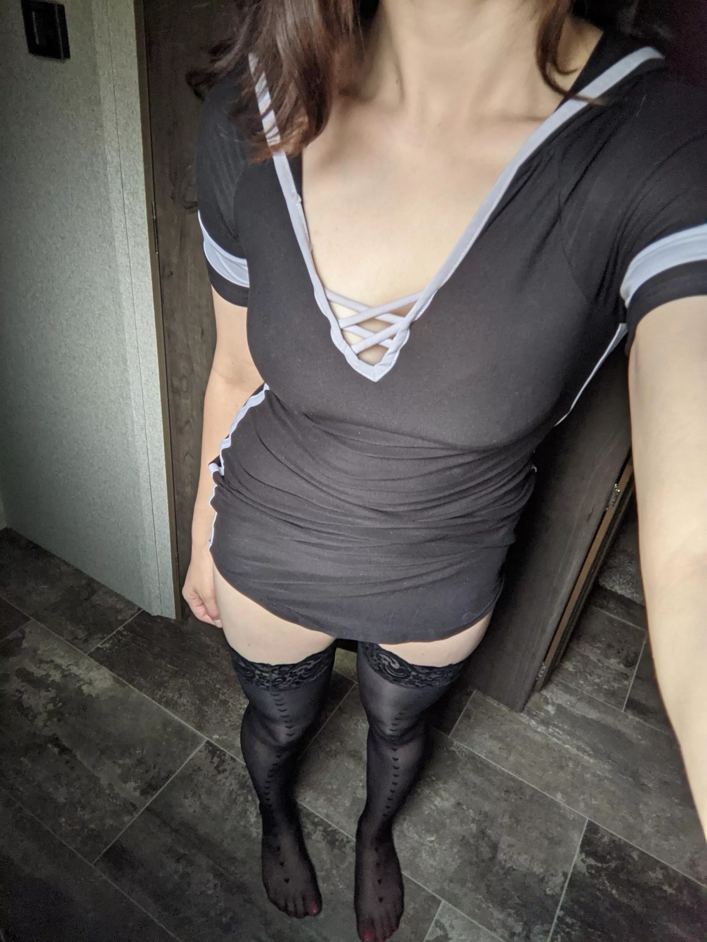 Tight little black dress with thigh high stockings ❤️😘 posted by Au79Aurora