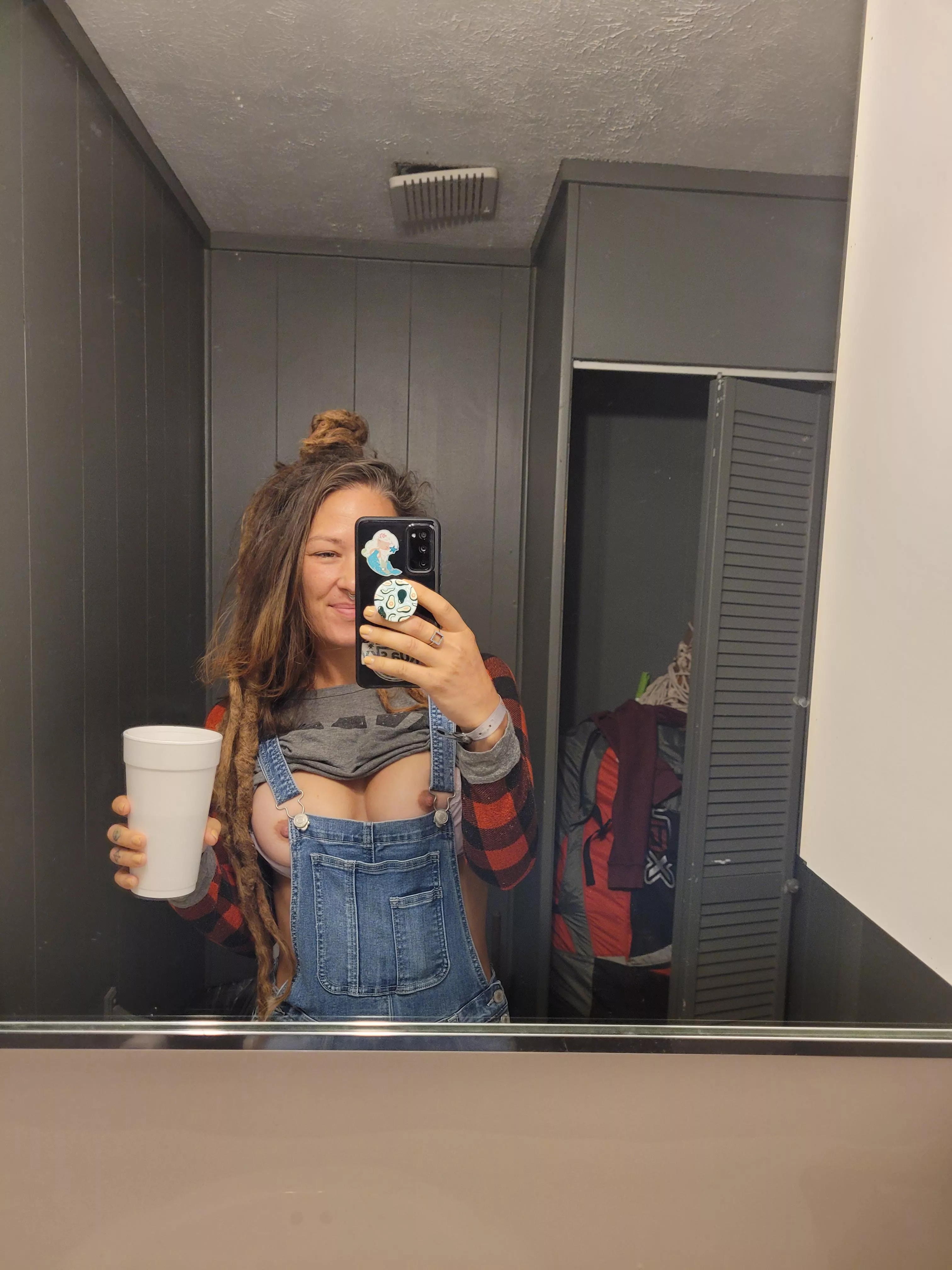 Titty Tuesday in the office with my styrofoam cup of coffee with pumpkin spice creamer cuz its fall- can't you tell by the flannel & overalls?😛 (f) posted by misslunablue