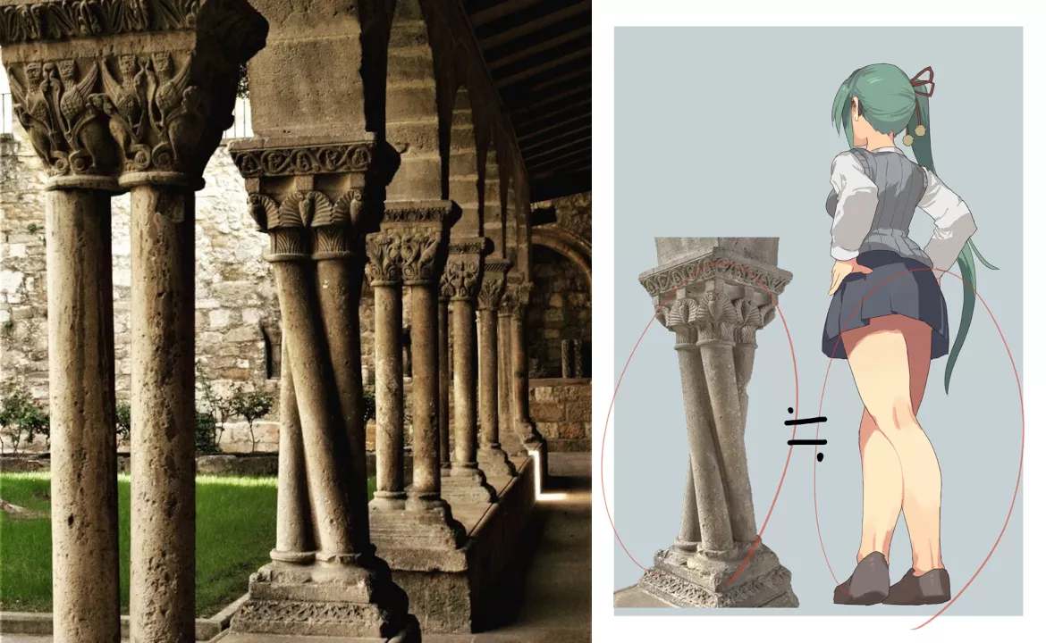 Twisted column from Iglesia de San Pedro de la RÃºa envisioned as Kagura Suzu crossing her legs [.LIVE Vtuber] posted by nananashi3