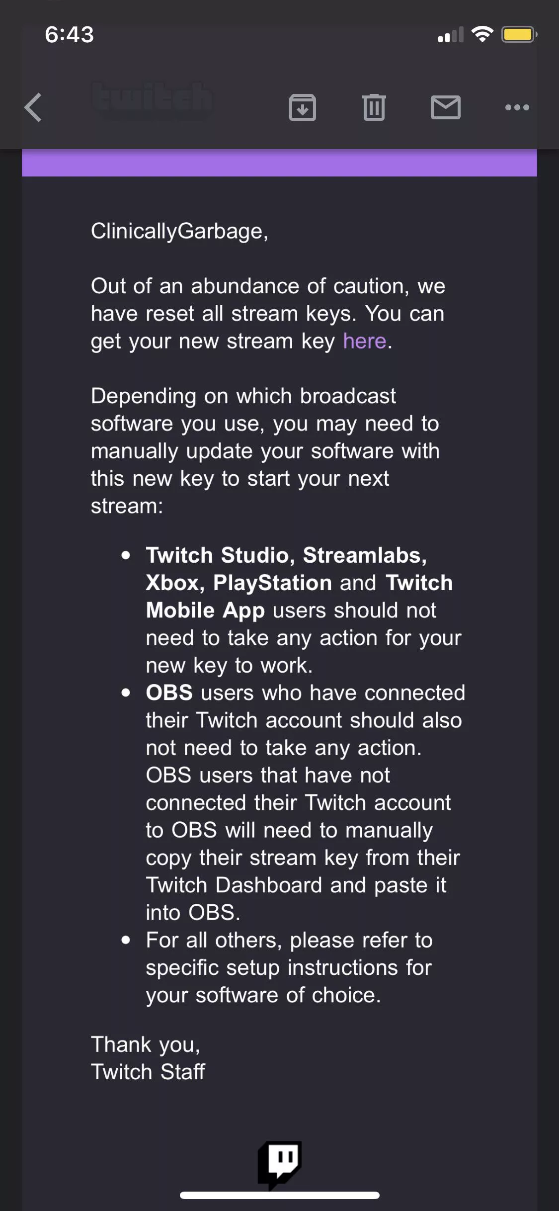 Twitch is resetting stream keys. Just so y’all know posted by flare_156