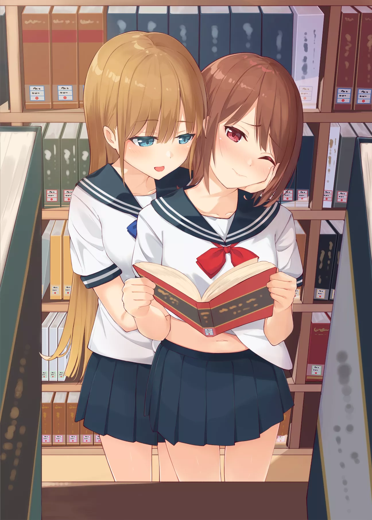 Two Lovey-Dovey Girls in the School Library Together (Credit: 彩みらい) [Original] posted by alice_zero