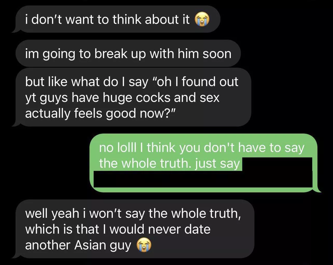 What Asian girls are saying about their Asian bf once they get a taste of BWC [OC] posted by send_nudes_101