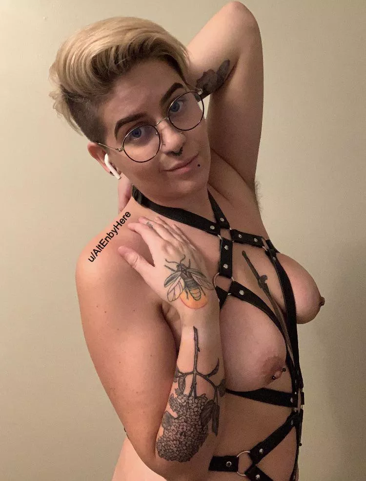 What do you think of my new body harness and tattoos ðŸ˜ˆ [28, Trans non-binary] posted by AltEnbyHere