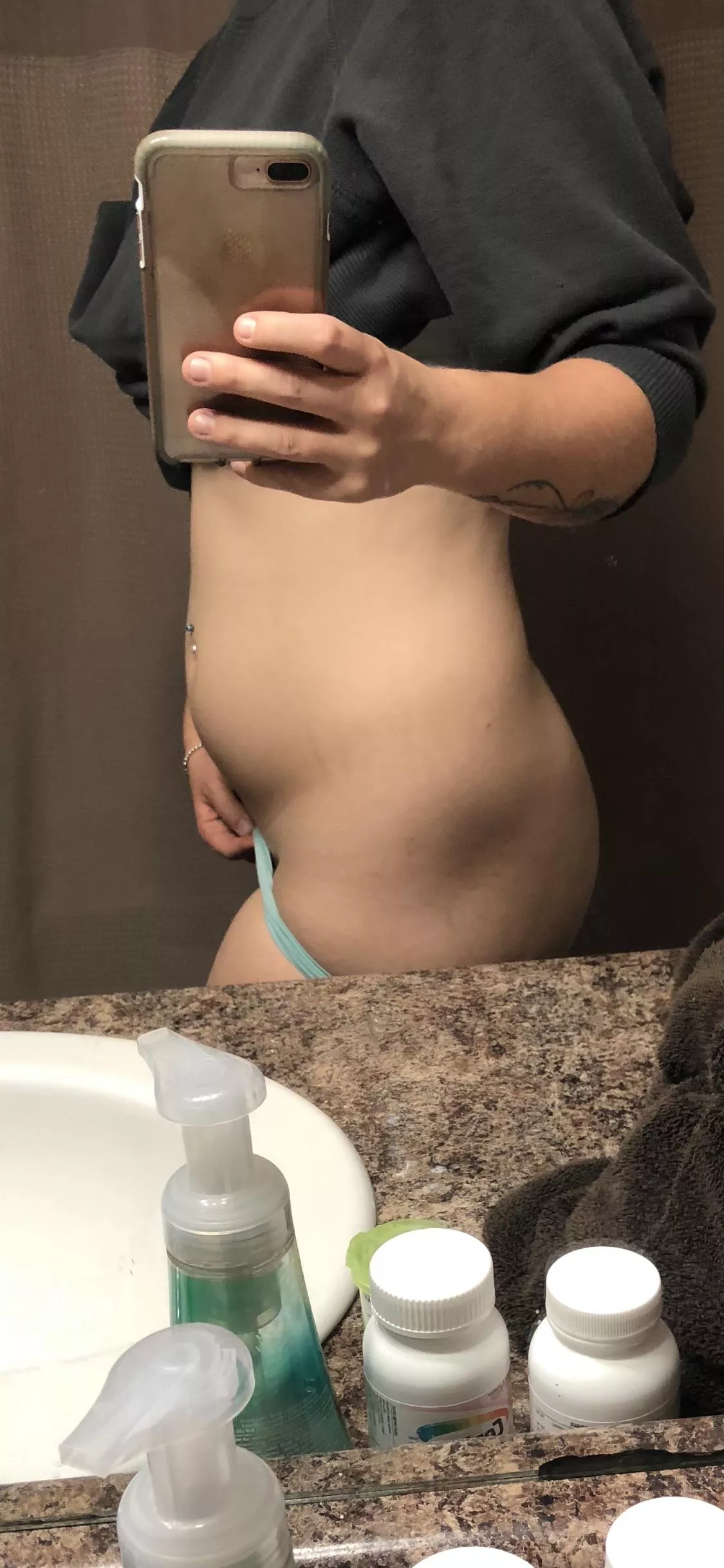 Who doesn’t love a little bump just waiting to grow🤰🏼 Also, panties up or down?😏💋 posted by yourcurlyheadedfreak