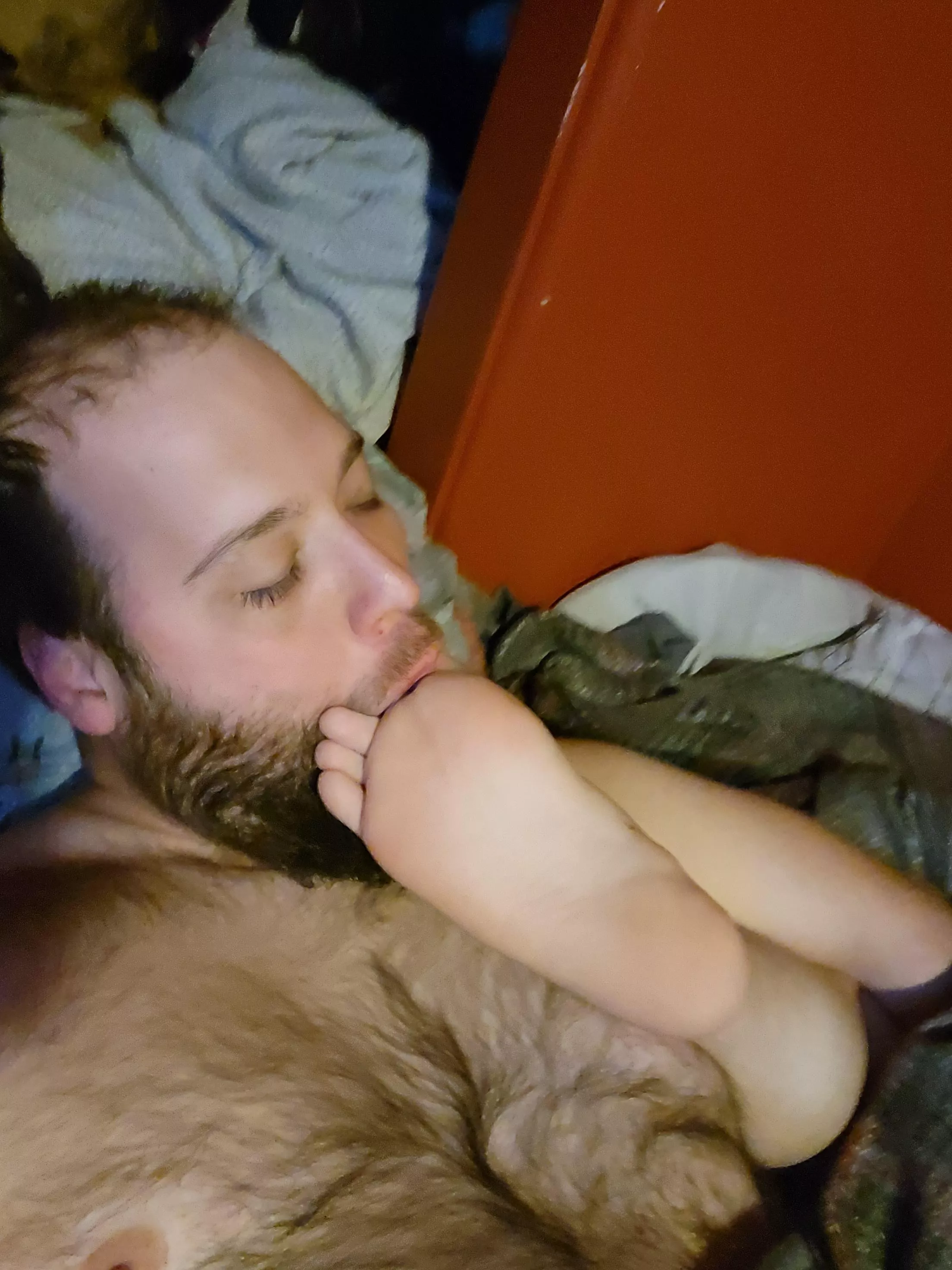 Woke up to his feet in my face so I started licking his feet, he was like wtf why you doing that? I said cause I want to and started sucking toes.. After a while I felt his cock it was rock hard so I started sucking on that too 😛 posted by BisexualFag69