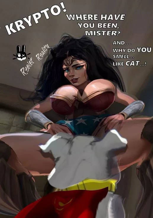 Wonder Woman x Superdog - Diana catches Krypto sneaking back into the house by me Resist Reality (trying to turn this into a webcomic) posted by ResistRealityArt