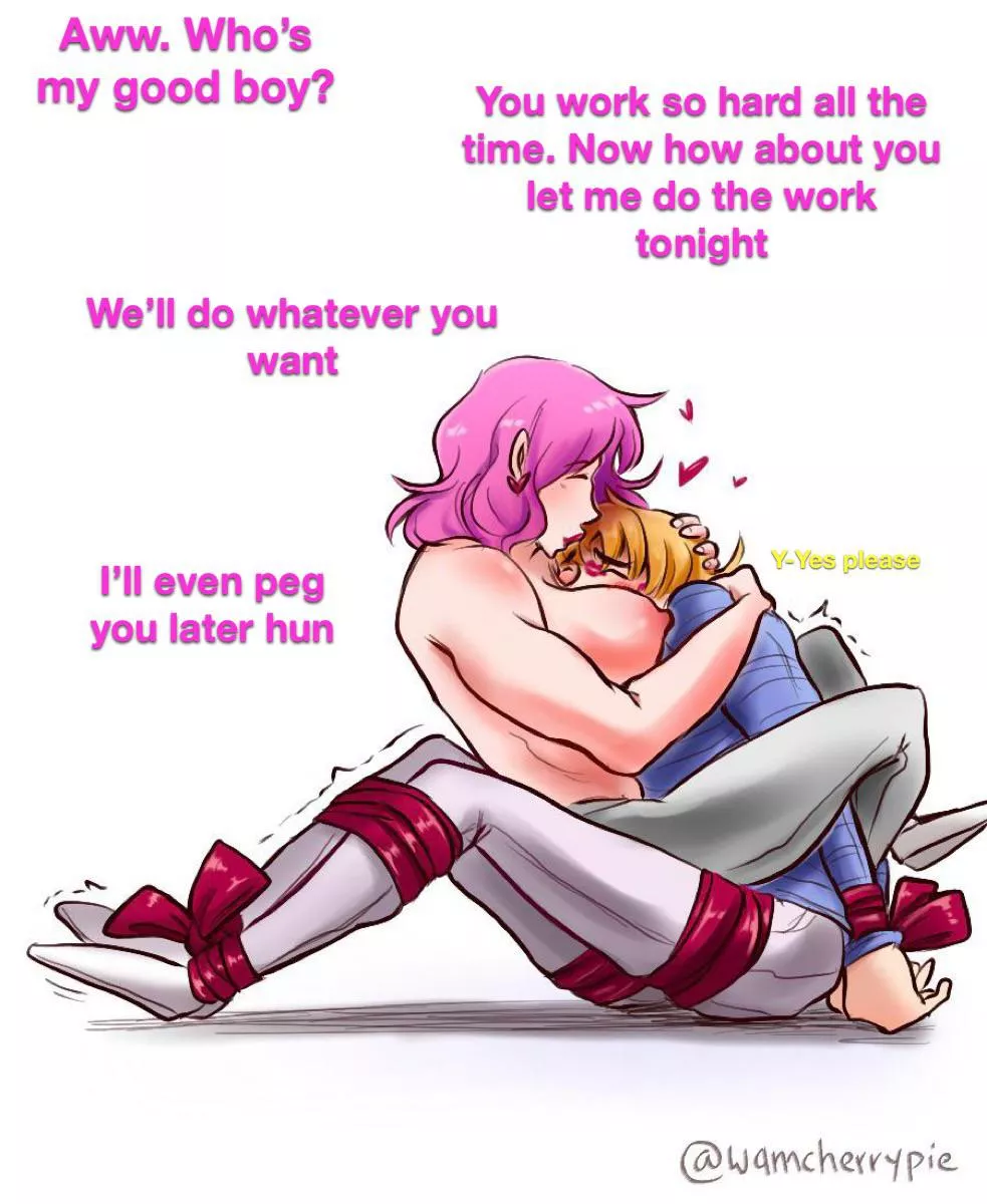 Your femdom gf loves on you at the end of a long day. (Femdom) (tied up) (submissive) (pink hair) (pegging) posted by Sum-Duck