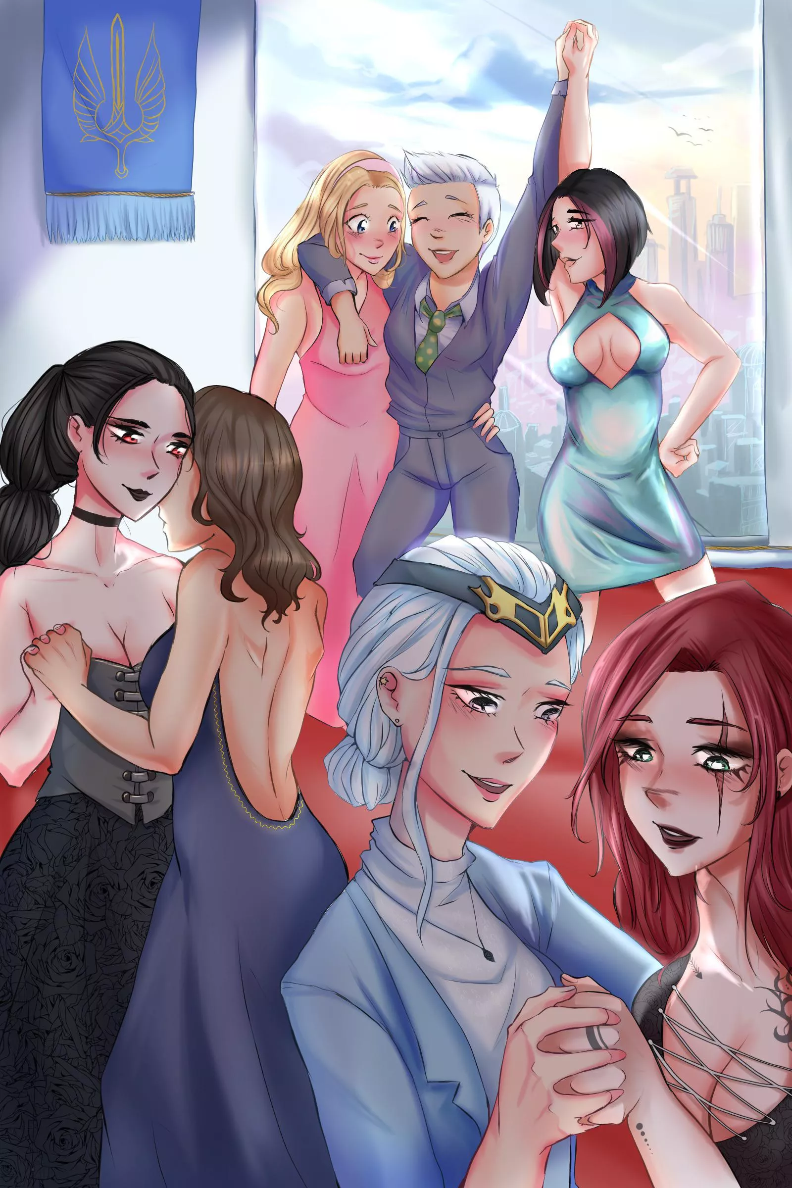 Yuri polycule at the ball [Vayne, Quinn, Lux, Riven, Fiora, Ashe, Katarina] posted by InfernalGod