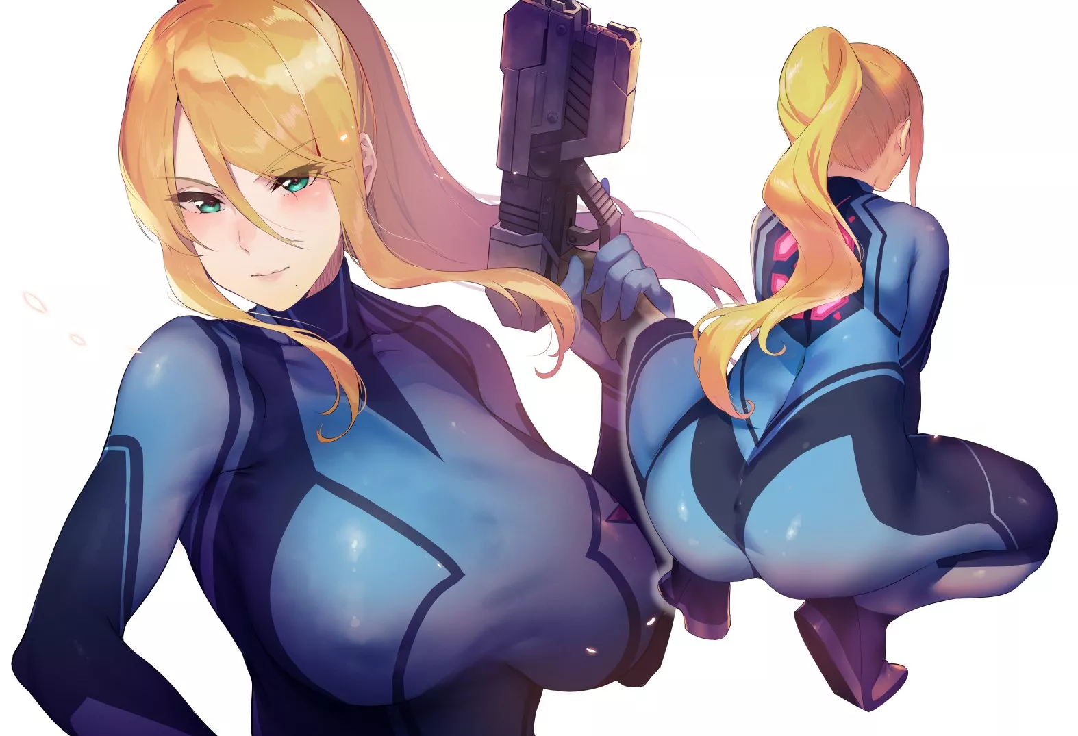 Zero Suit Samus Skin-Tight Paralyzer Drawn (Ikuchan Kaoru) [Metroid] posted by sequence_string